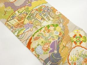 扇に御所車・鳳凰・花々模様織出し袋帯